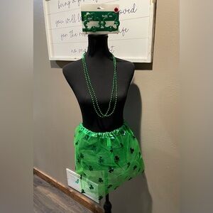 St Pat’s Green Shamrock Tulle Skirt,Shamrock Glasses & Beaded Necklace Bundle